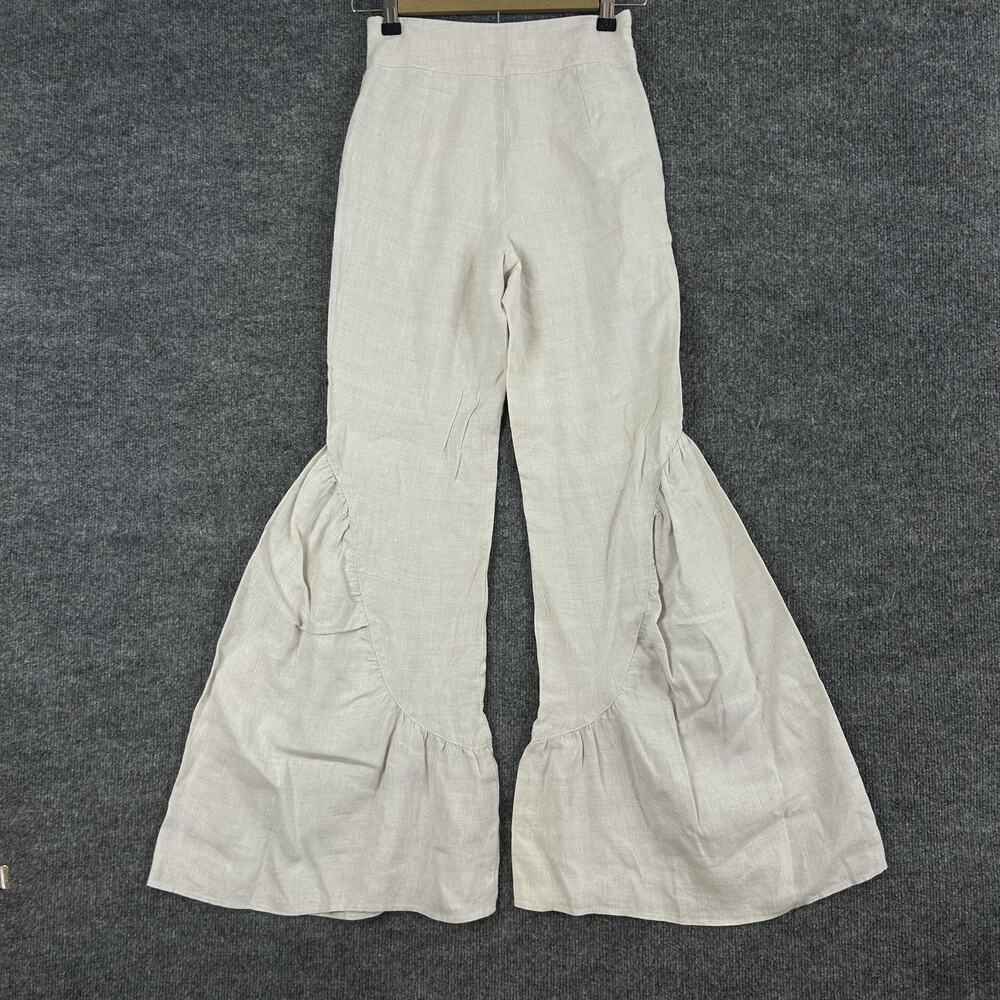 Lanhtropy Pants XS Gypsy Linen Denim Flare Ruffle High Waist Beige Boho Hippie - Picture 5 of 13